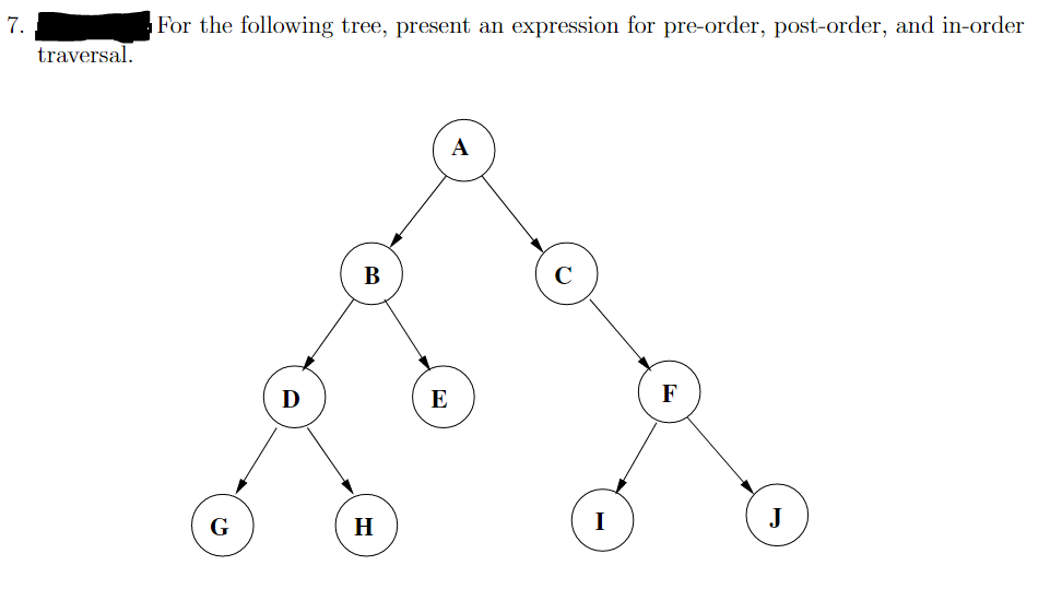 7.
For the following tree, present an expression for pre-order, post-order, and in-order
traversal.
A
В
E
F
J
G
H
