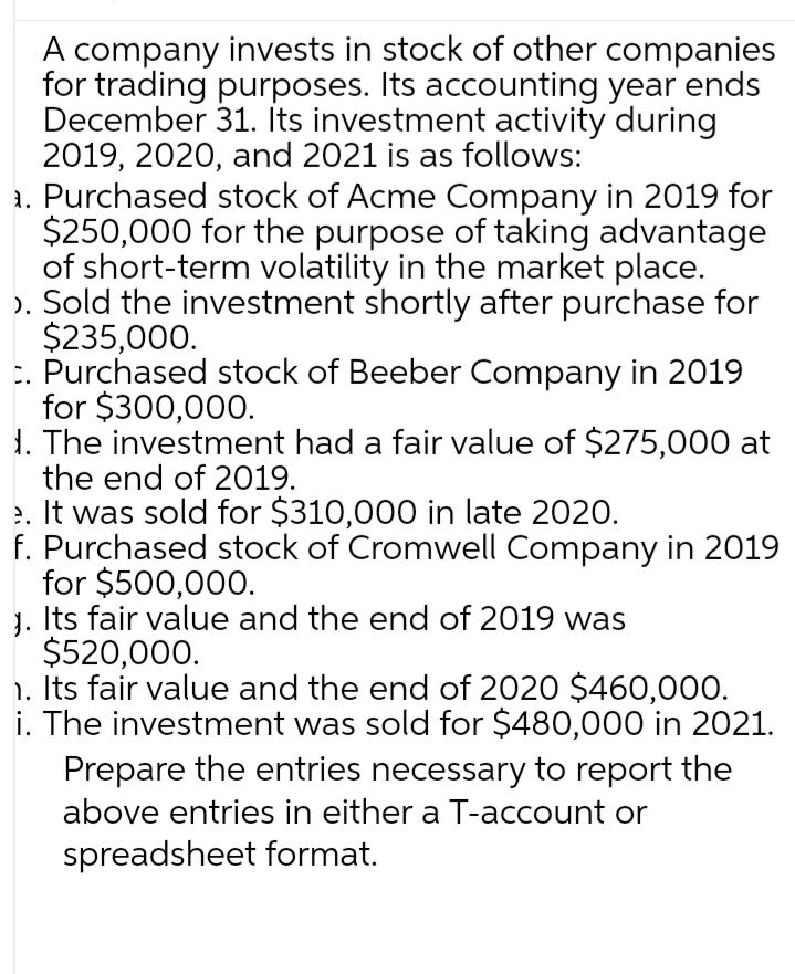 A company invests in stock of other companies
for trading purposes. Its accounting year ends
December 31. Its investment activity during
2019, 2020, and 2021 is as follows:
a. Purchased stock of Acme Company in 2019 for
$250,000 for the purpose of taking advantage
of short-term volatility in the market place.
). Sold the investment shortly after purchase for
$235,000.
:. Purchased stock of Beeber Company in 2019
for $300,000.
1. The investment had a fair value of $275,000 at
the end of 2019.
e. It was sold for $310,000 in late 2020.
f. Purchased stock of Cromwell Company in 2019
for $500,000.
J. Its fair value and the end of 2019 was
$520,000.
1. Its fair value and the end of 2020 $460,000.
i. The investment was sold for $480,000 in 2021.
Prepare the entries necessary to report the
above entries in either a T-account or
spreadsheet format.
