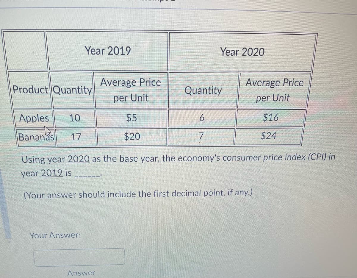 Year 2019
Product Quantity
Apples 10
Bananas 17
Your Answer:
Average Price
per Unit
Answer
$5
$20
'
Year 2020
Quantity
6
7
Average Price
per Unit
Using year 2020 as the base year, the economy's consumer price index (CPI) in
year 2019 is
(Your answer should include the first decimal point, if any.)
$16
$24