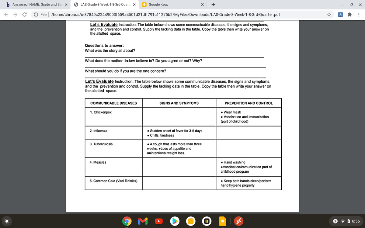 b Answered: NAME: Grade and Sec x
O LAS-Grade-8-Week-1-8-3rd-Quarte x
e Google Keep
O File
/home/chronos/u-87849c22449003f659a4501d21dff791c11275b2/MyFiles/Downloads/LAS-Grade-8-Week-1-8-3rd-Quarter.pdf
Let's Evaluate Instruction: The table below shows some communicable diseases, the signs and symptoms,
and the prevention and control. Supply the lacking data in the table. Copy the table then write your answer on
the allotted space.
Questions to answer:
What was the story all about?
What does the mother -in-law believe in? Do you agree or not? Why?
What should you do if you are the one concern?
Let's Evaluate Instruction: The table below shows some communicable diseases, the signs and symptoms,
and the prevention and control. Supply the lacking data in the table. Copy the table then write your answer on
the allotted space.
COMMUNICABLE DISEASES
SIGNS AND SYMPTOMS
PREVENTION AND CONTROL
• Wear mask
• Vaccination and immunization
(part of childhood)
1. Chickenpox
• Sudden onset of fever for 3-5 days
• Chills, tiredness
2. Influenza
•A cough that lasts more than three
weeks. •Loss of appetite and
unintentional weight loss.
3. Tuberculosis
4. Measles
• Hand washing
•Vaccination/immunization part of
childhood program
5. Common Cold (Viral Rhinitis)
• Keep both hands clean/perform
hand hygiene properly
A 6:56
