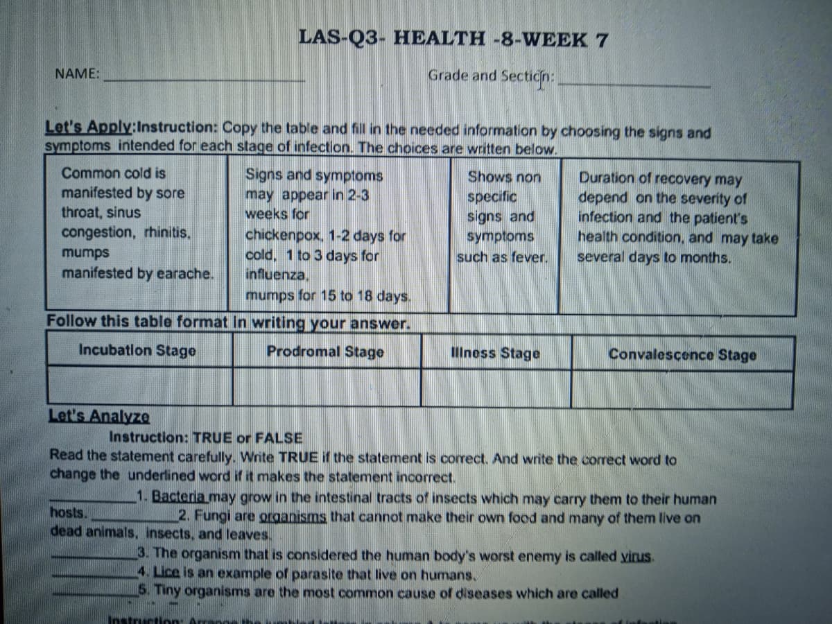 LAS-Q3- HEALTH -8-WEEK 7
NAME:
Grade and Secticn:
Let's Apply:Instruction: Copy the table and fill in the needed information by choosing the signs and
symptoms intended for each stage of infection. The choices are written below.
Common cold is
Signs and symptoms
may appear in 2-3
weeks for
Duration of recovery may
depend on the severity of
infection and the patient's
health condition, and may take
several days to months.
Shows non
manifested by sore
specific
signs and
symptoms
such as fever.
throat, sinus
congestion, rhinitis,
chickenpox, 1-2 days for
cold, 1 to 3 days for
influenza,
mumps for 15 to 18 days.
mumps
manifested by earache.
Follow this table format in writing your answer.
Incubation Stage
Prodromal Stage
llness Stage
Convalescence Stage
Let's Analyze
Instruction: TRUE or FALSE
Read the statement carefully. Write TRUE if the statement is correct. And write the correct word to
change the underlined word if it makes the statement incorrect.
1. Bacteria may grow in the intestinal tracts of insects which may carry them to their human
2. Fungi are organisms that cannot make their own food and many of them live on
hosts.
dead animals, insects, and leaves.
3. The organism that is considered the human body's worst enemy is called virus.
4. Lice is an example of parasite that live on humans.
5. Tiny organisms are the most common cause of diseases which are called
Instruction: Arrange h
