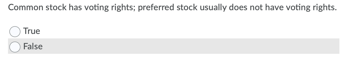 Common stock has voting rights; preferred stock usually does not have voting rights.
True
False
