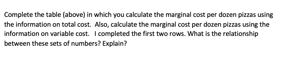 Complete the table (above) in which you calculate the marginal cost per dozen pizzas using
the information on total cost. Also, calculate the marginal cost per dozen pizzas using the
information on variable cost. I completed the first two rows. What is the relationship
between these sets of numbers? Explain?
