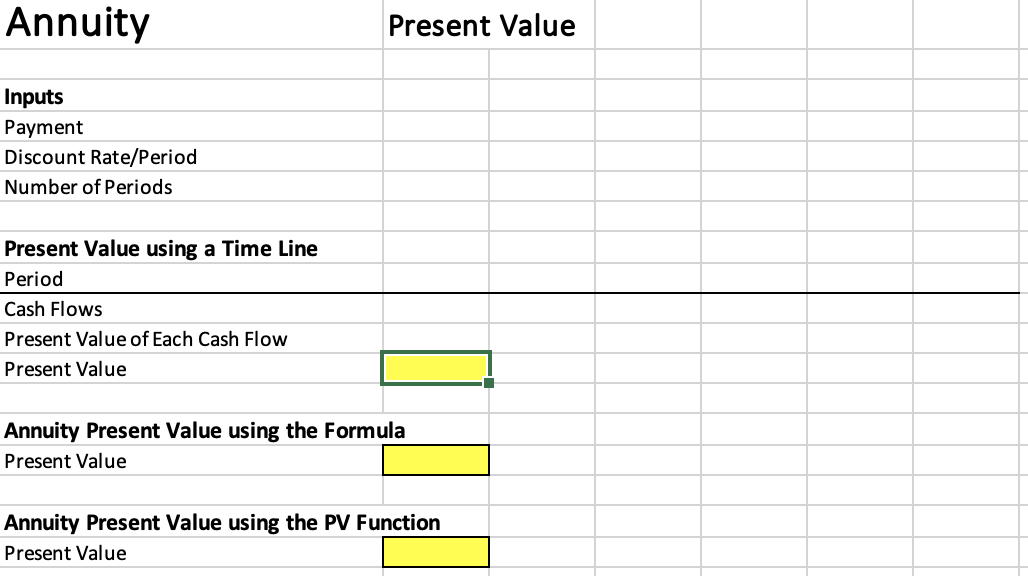 Annuity
Present Value
Inputs
Payment
Discount Rate/Period
Number of Periods
Present Value using a Time Line
Period
Cash Flows
Present Value of Each Cash Flow
Present Value
Annuity Present Value using the Formula
Present Value
Annuity Present Value using the PV Function
Present Value
