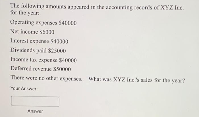 The following amounts appeared in the accounting records of XYZ Inc.
for the year:
Operating expenses $40000
Net income $6000
Interest expense $40000
Dividends paid $25000
Income tax expense $40000
Deferred revenue $50000
There were no other expenses. What was XYZ Inc.'s sales for the year?
Your Answer:
Answer