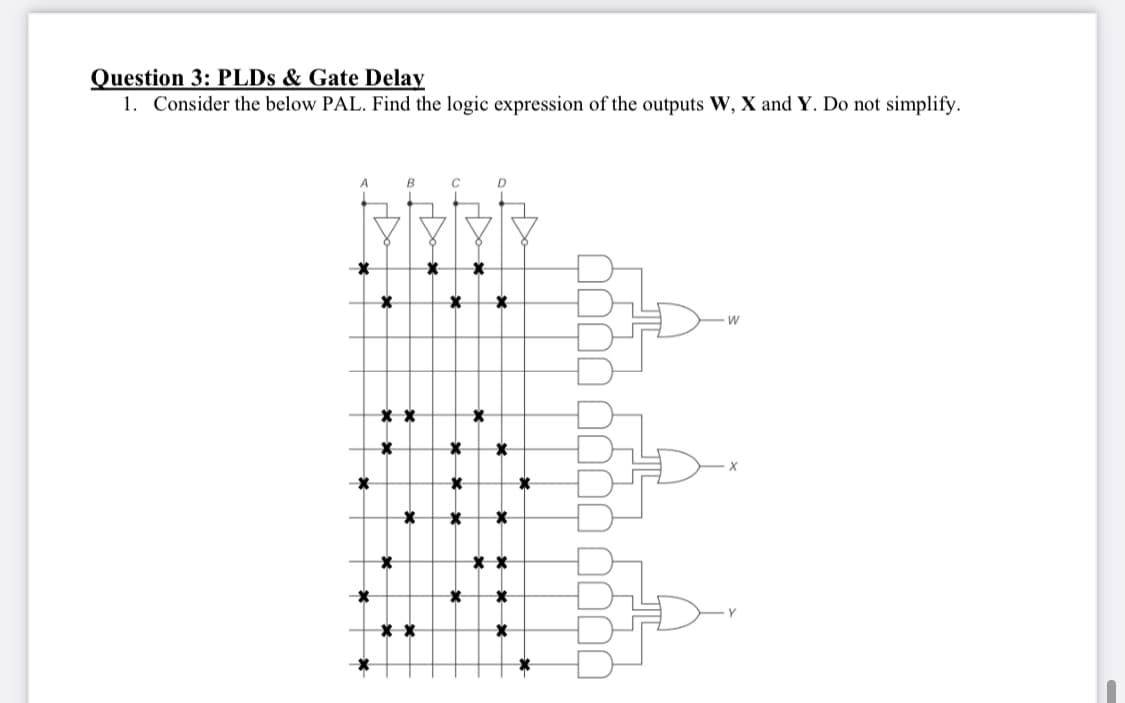 Question 3: PLDS & Gate Delay
1. Consider the below PAL. Find the logic expression of the outputs W, X and Y. Do not simplify.
**
