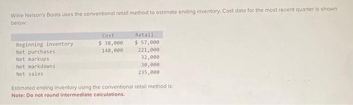 Willie Nelson's Boots uses the conventional retail method to estimate ending inventory. Cost data for the most recent quarter is shown
below:
Beginning inventory
Net purchases
Net markups
Net markdowns
Net sales
Cost
$ 38,000
148,000
Retail
$ 57,000
221,000
32,000
30,000
235,000
Estimated ending inventory using the conventional retail method is:
Note: Do not round Intermediate calculations.