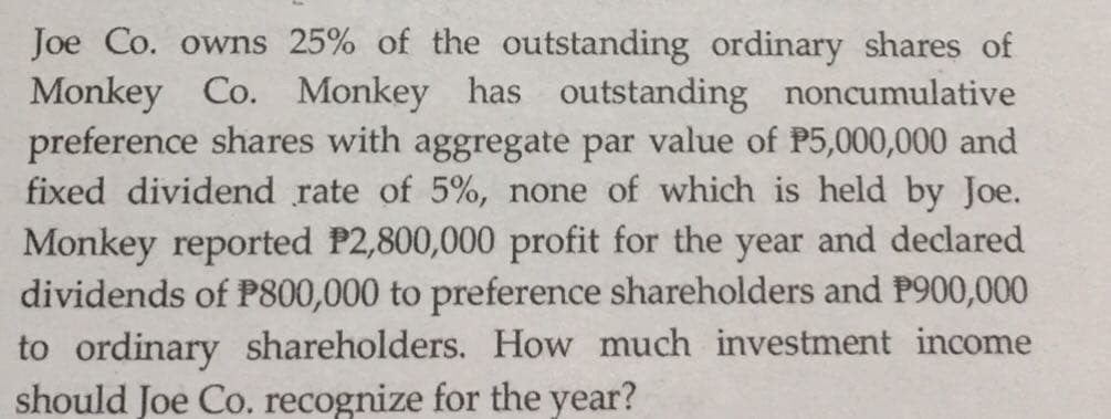 Joe Co. owns 25% of the outstanding ordinary shares of
Monkey Co. Monkey has outstanding noncumulative
preference shares with aggregate par value of P5,000,000 and
fixed dividend rate of 5%, none of which is held by Joe.
Monkey reported P2,800,000 profit for the year and declared
dividends of P800,000 to preference shareholders and P900,000
to ordinary shareholders. How much investment income
should Joe Co. recognize for the year?
