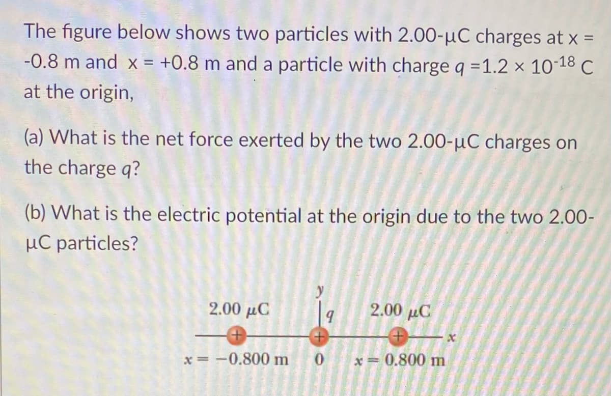 The figure below shows two particles with 2.00-µC charges at x =
-0.8 m and x = +0.8 m and a particle with charge q =1.2 × 10-18 C
at the origin,
(a) What is the net force exerted by the two 2.00-µC charges on
the charge q?
(b) What is the electric potential at the origin due to the two 2.00-
HC particles?
2.00 μC
2.00 µC
x = -0.800 m
x= 0.800 m
