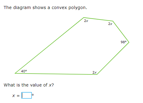 The diagram shows a convex polygon.
2x
2x
98°
40°
2x
What is the value of x?
X =
