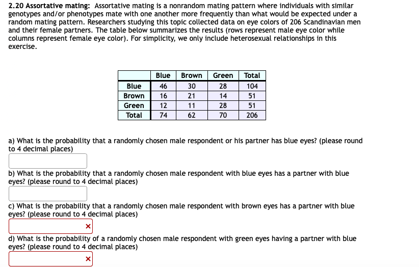 2.20 Assortative mating: Assortative mating is a nonrandom mating pattern where individuals with similar
genotypes and/or phenotypes mate with one another more frequently than what would be expected under a
random mating pattern. Researchers studying this topic collected data on eye colors of 206 Scandinavian men
and their female partners. The table below summarizes the results (rows represent male eye color while
columns represent female eye color). For simplicity, we only include heterosexual relationships in this
exercise.
Blue
Brown
Green
Total
Blue
46
30
28
104
Brown
16
21
14
51
Green
12
11
28
51
Total
74
62
70
206
a) What is the probability that a randomly chosen male respondent or his partner has blue eyes? (please round
to 4 decimal places)
b) What is the probability that a randomly chosen male respondent with blue eyes has a partner with blue
eyes? (please round to 4 decimal places)
c) What is the probability that a randomly chosen male respondent with brown eyes has a partner with blue
eyes? (please round to 4 decimal places)
d) What is the probability of a randomly chosen male respondent with green eyes having a partner with blue
eyes? (please round to 4 decimal places)
