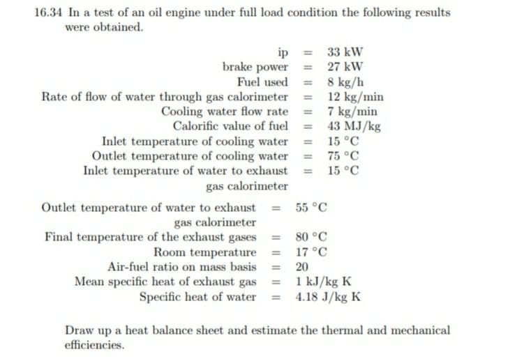16.34 In a test of an oil engine under full load condition the following results
were obtained.
ip
brake power
Fuel used
Rate of flow of water through gas calorimeter
Cooling water flow rate
Calorific value of fuel
33 kW
27 kW
8 kg/h
12 kg/min
7 kg/min
43 MJ/kg
15 °C
%3D
Inlet temperature of cooling water
Outlet temperature of cooling water
Inlet temperature of water to exhaust
gas calorimeter
%3D
75°C
15 °C
%3D
Outlet temperature of water to exhaust
gas calorimeter
Final temperature of the exhaust gases
Room temperature
55 °C
80 °C
17 °C
Air-fuel ratio on mass basis = 20
%3D
= 1 kJ/kg K
Specific heat of water = 4.18 J/kg K
Mean specific heat of exhaust gas
Draw up a heat balance sheet and estimate the thermal and mechanical
efficiencies.
