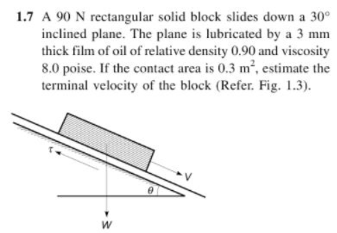 1.7 A 90 N rectangular solid block slides down a 30°
inclined plane. The plane is lubricated by a 3 mm
thick film of oil of relative density 0.90 and viscosity
8.0 poise. If the contact area is 0.3 m2, estimate the
terminal velocity of the block (Refer. Fig. 1.3).
in
