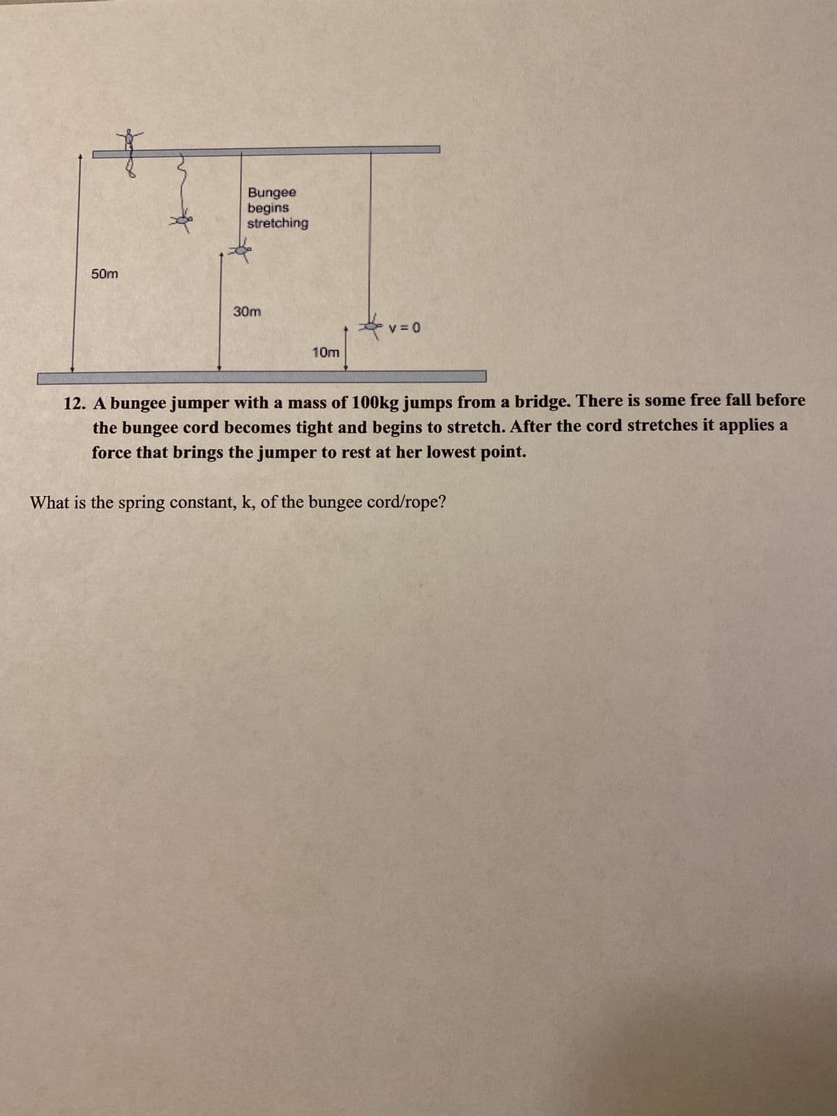+
50m
Bungee
begins
stretching
30m
10m
v=0
12. A bungee jumper with a mass of 100kg jumps from a bridge. There is some free fall before
the bungee cord becomes tight and begins to stretch. After the cord stretches it applies a
force that brings the jumper to rest at her lowest point.
What is the spring constant, k, of the bungee cord/rope?