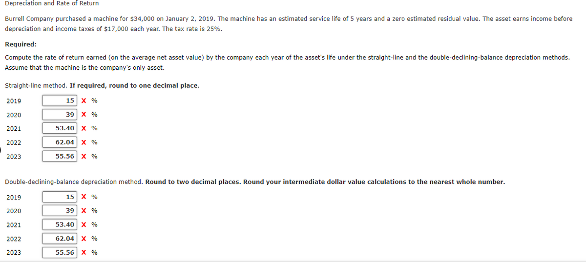 Depreciation and Rate of Return
Burrell Company purchased a machine for $34,000 on January 2, 2019. The machine has an estimated service life of 5 years and a zero estimated residual value. The asset earns income before
depreciation and income taxes of $17,000 each year. The tax rate is 25%.
Required:
Compute the rate of return earned (on the average net asset value) by the company each year of the asset's life under the straight-line and the double-declining-balance depreciation methods.
Assume that the machine is the company's only asset.
Straight-line method. If required, round to one decimal place.
2019
15
X %
2020
39
X %
2021
53.40 x %
2022
62.04 x %
2023
55.56 х %
Double-declining-balance depreciation method. Round to two decimal places. Round your intermediate dollar value calculations to the nearest whole number.
2019
15| х %
2020
39| х %
2021
53.40 x %
2022
62.04 х %6
2023
55.56 | Х %
