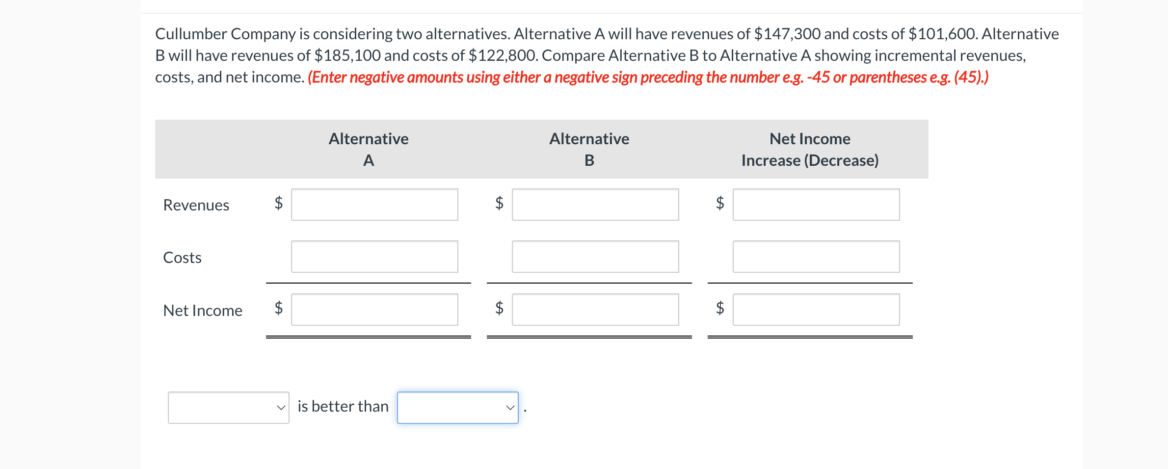 Cullumber Company is considering two alternatives. Alternative A will have revenues of $147,300 and costs of $101,600. Alternative
B will have revenues of $185,100 and costs of $122,800. Compare Alternative B to Alternative A showing incremental revenues,
costs, and net income. (Enter negative amounts using either a negative sign preceding the number e.g. -45 or parentheses e.g. (45).)
Revenues
Costs
Net Income
+A
Alternative
A
☑ is better than
A
Alternative
B
$
Net Income
Increase (Decrease)
$