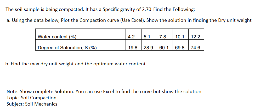 The soil sample is being compacted. It has a Specific gravity of 2.70 Find the Following:
a. Using the data below, Plot the Compaction curve (Use Excel). Show the solution in finding the Dry unit weight
Water content (%)
4.2
5.1
7.8
10.1
12.2
Degree of Saturation, S (%)
19.8
28.9
60.1
69.8
74.6
b. Find the max dry unit weight and the optimum water content.
Note: Show complete Solution. You can use Excel to find the curve but show the solution
Topic: Soil Compaction
Subject: Soil Mechanics
