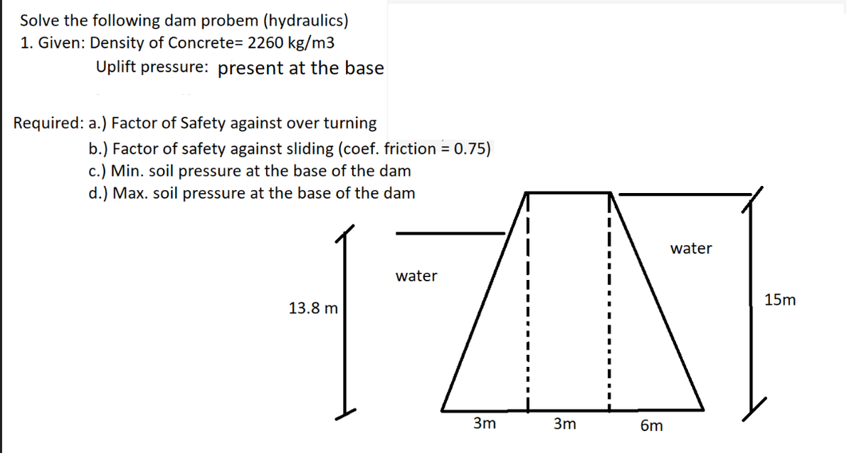 Solve the following dam probem (hydraulics)
1. Given: Density of Concrete= 2260 kg/m3
Uplift pressure: present at the base
Required: a.) Factor of Safety against over turning
b.) Factor of safety against sliding (coef. friction = 0.75)
c.) Min. soil pressure at the base of the dam
d.) Max. soil pressure at the base of the dam
water
water
15m
13.8 m
3m
3m
6m
