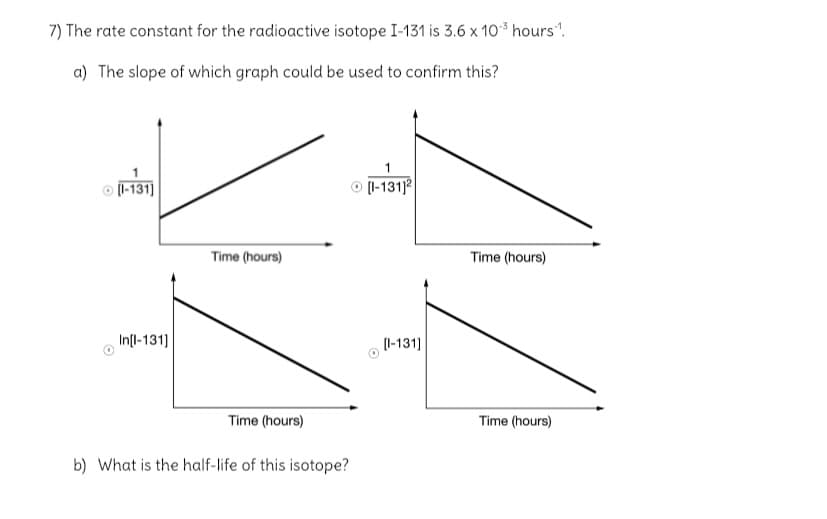 7) The rate constant for the radioactive isotope I-131 is 3.6 x 10* hours'.
a) The slope of which graph could be used to confirm this?
1
O (l-131)
O [I-131)
Time (hours)
Time (hours)
In[l-131]
(1-131]
Time (hours)
Time (hours)
b) What is the half-life of this isotope?
