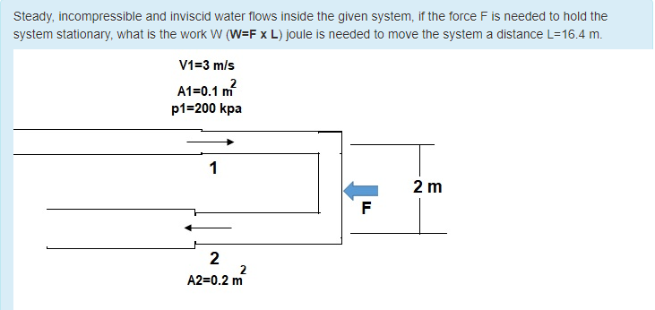 Steady, incompressible and inviscid water flows inside the given system, if the force F is needed to hold the
system stationary, what is the work W (W=F x L) joule is needed to move the system a distance L=16.4 m.
V1=3 m/s
A1=0.1 m
p1=200 kpa
1
2 m
F
2
2
A2=0.2 m
