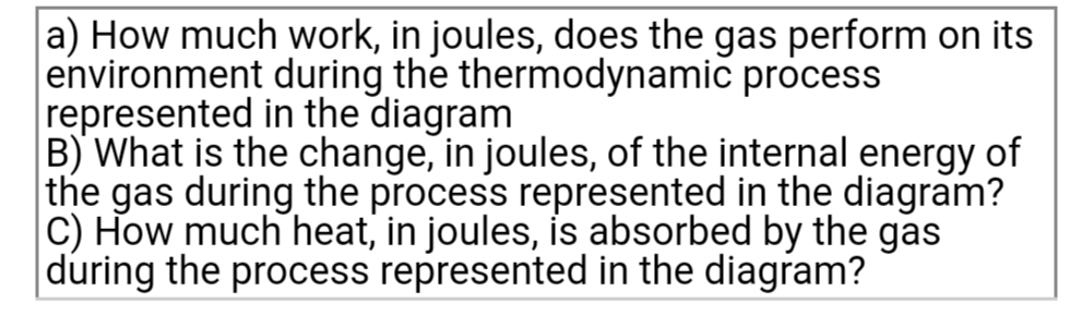 a) How much work, in joules, does the gas perform on its
environment during the thermodynamic process
represented in the diagram
B) What is the change, in joules, of the internal energy of
the gas during the process represented in the diagram?
C) How much heat, in joules, is absorbed by the gas
during the process represented in the diagram?