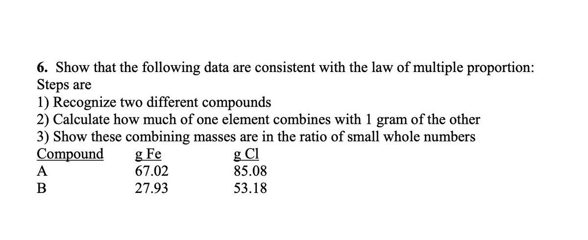 6. Show that the following data are consistent with the law of multiple proportion:
Steps are
1) Recognize two different compounds
2) Calculate how much of one element combines with 1 gram of the other
3) Show these combining masses are in the ratio of small whole numbers
Compound
A
g Fe
67.02
g Cl
85.08
В
27.93
53.18
