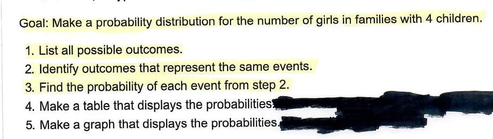 Goal: Make a probability distribution for the number of girls in families with 4 children.
1. List all possible outcomes.
2. Identify outcomes that represent the same events.
3. Find the probability of each event from step 2.
4. Make a table that displays the probabilities
5. Make a graph that displays the probabilities.
