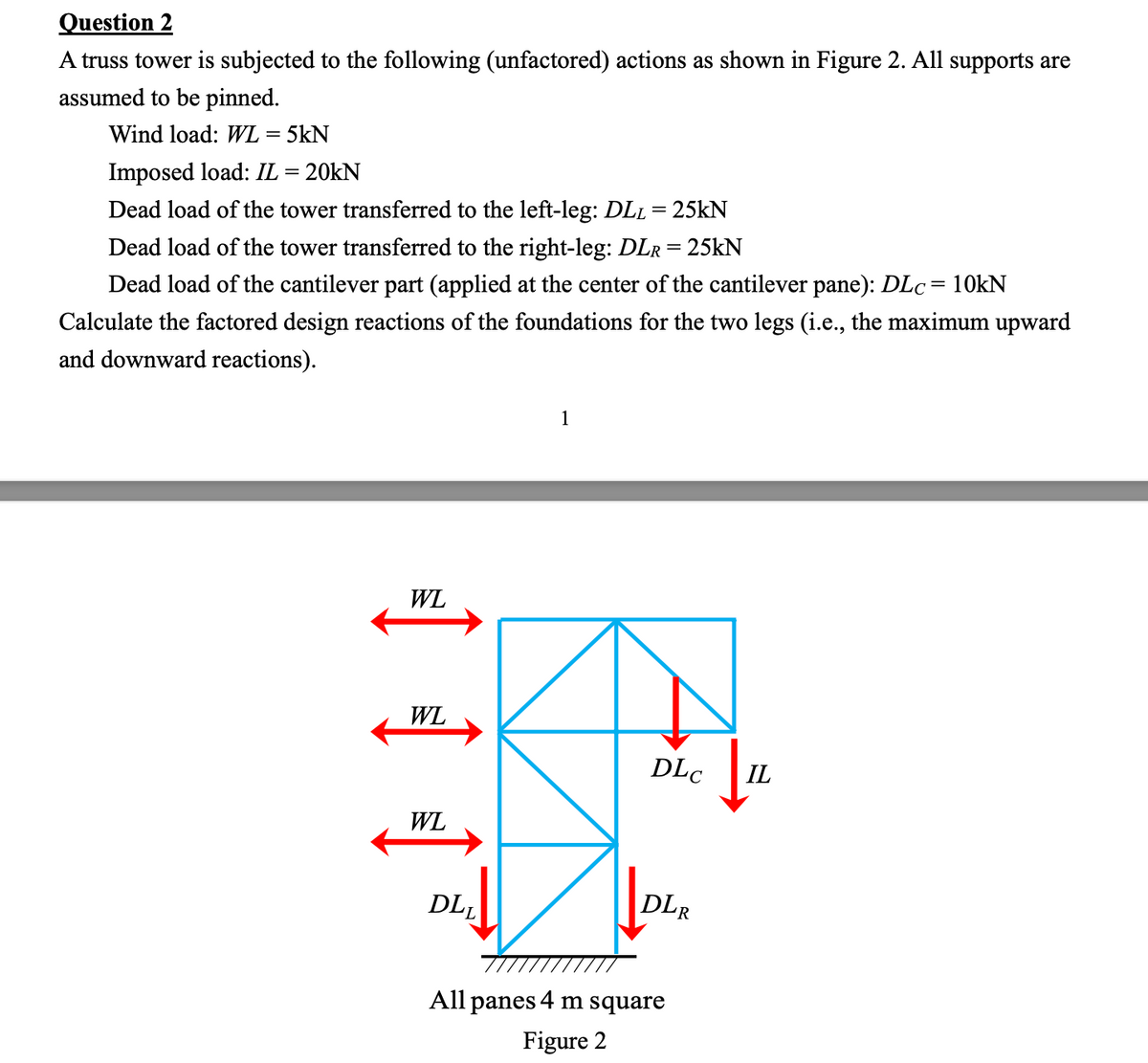 Question 2
A truss tower is subjected to the following (unfactored) actions as shown in Figure 2. All supports are
assumed to be pinned.
Wind load: WL = 5kN
Imposed load: IL = 20KN
Dead load of the tower transferred to the left-leg: DL₁ = 25kN
Dead load of the tower transferred to the right-leg: DLR = 25kN
Dead load of the cantilever part (applied at the center of the cantilever pane): DLc = 10kN
Calculate the factored design reactions of the foundations for the two legs (i.e., the maximum upward
and downward reactions).
WL
WL
WL
DLL
1
DLC
DLR
All panes 4 m square
Figure 2
↓
IL
