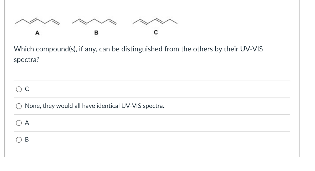 A
Which compound(s), if any, can be distinguished from the others by their UV-VIS
spectra?
None, they would all have identical UV-VIS spectra.
O A
O B
