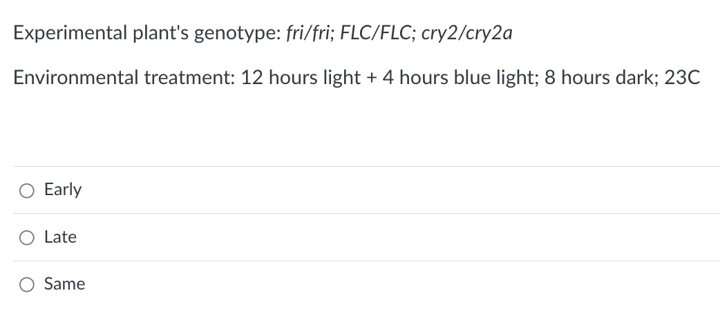 Experimental plant's genotype: fri/fri; FLC/FLC; cry2/cry2a
Environmental treatment: 12 hours light + 4 hours blue light; 8 hours dark; 23C
O
Early
Late
Same