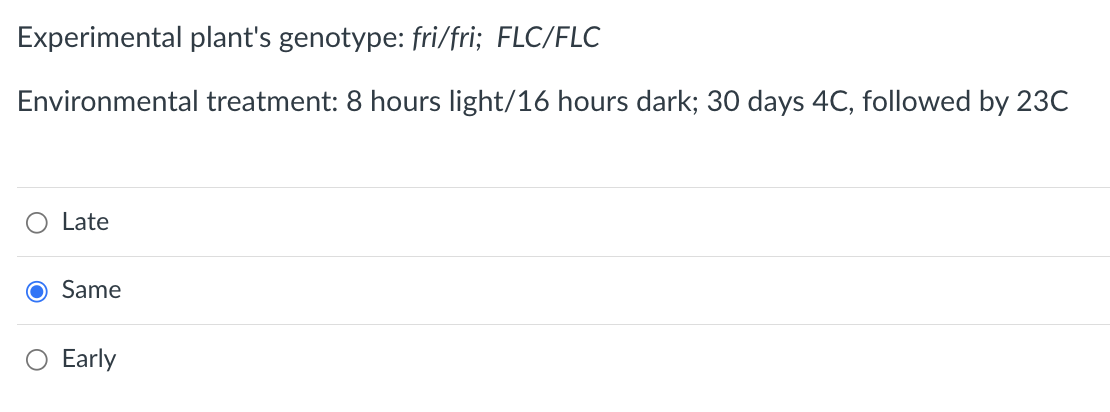 Experimental plant's genotype: fri/fri; FLC/FLC
Environmental treatment: 8 hours light/16 hours dark; 30 days 4C, followed by 23C
Late
O Same
Early