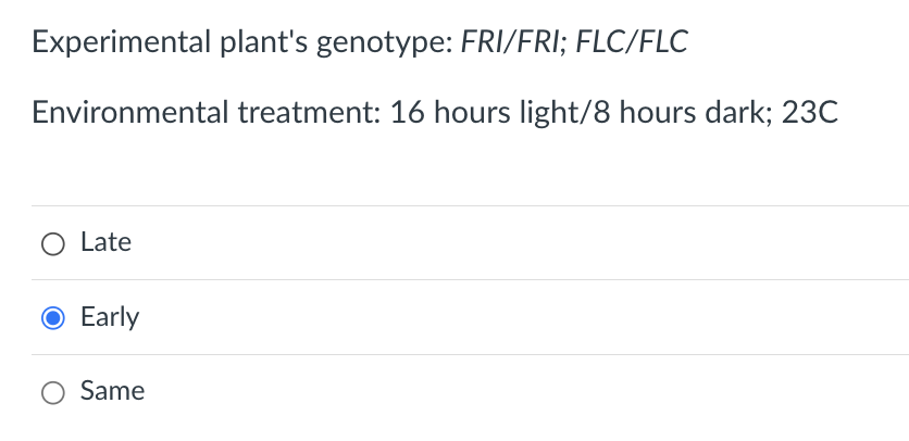 Experimental plant's genotype: FRI/FRI; FLC/FLC
Environmental treatment: 16 hours light/8 hours dark; 23C
O Late
Early
Same