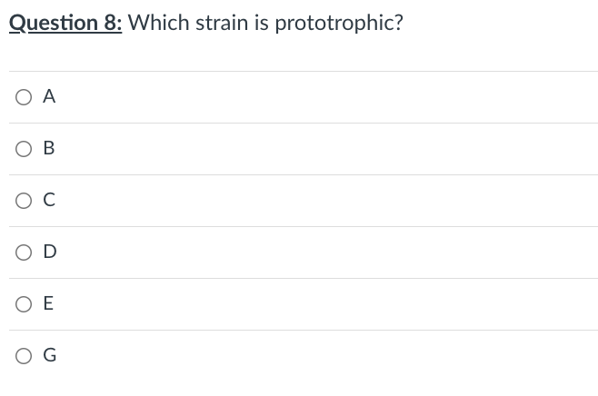 Question 8: Which strain is prototrophic?
O A
OB
O C
OD
ΟΕ
OG