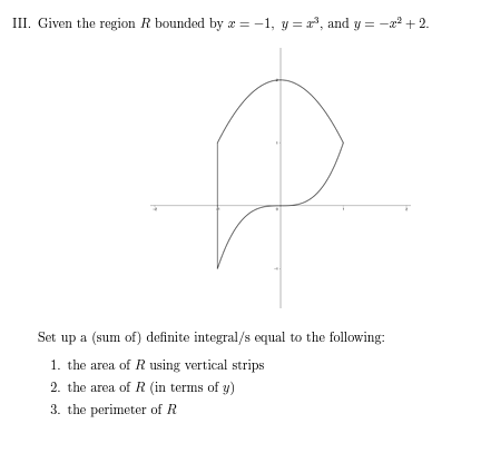 III. Given the region R bounded by a = -1, y = ³, and y=-2² +2.
P
Set up a (sum of) definite integral/s equal to the following:
1. the area of R using vertical strips
2. the area of R (in terms of y)
3. the perimeter of R