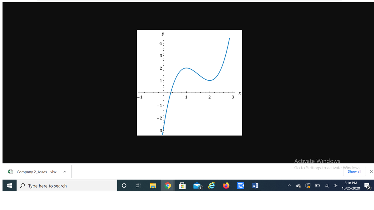 y
4
3-
1
X
-1
1
-1
-2
Activate Windows
Go to Settings to activate Windows.
Show all
O Company 2_Asses...xlsx
3:18 PM
P Type here to search
10/25/2020
