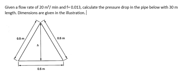 Given a flow rate of 20 m/ min and f= 0.013, calculate the pressure drop in the pipe below with 30 m
length. Dimensions are given in the illustration.
0.5 m
0.5 m
0.5 m
