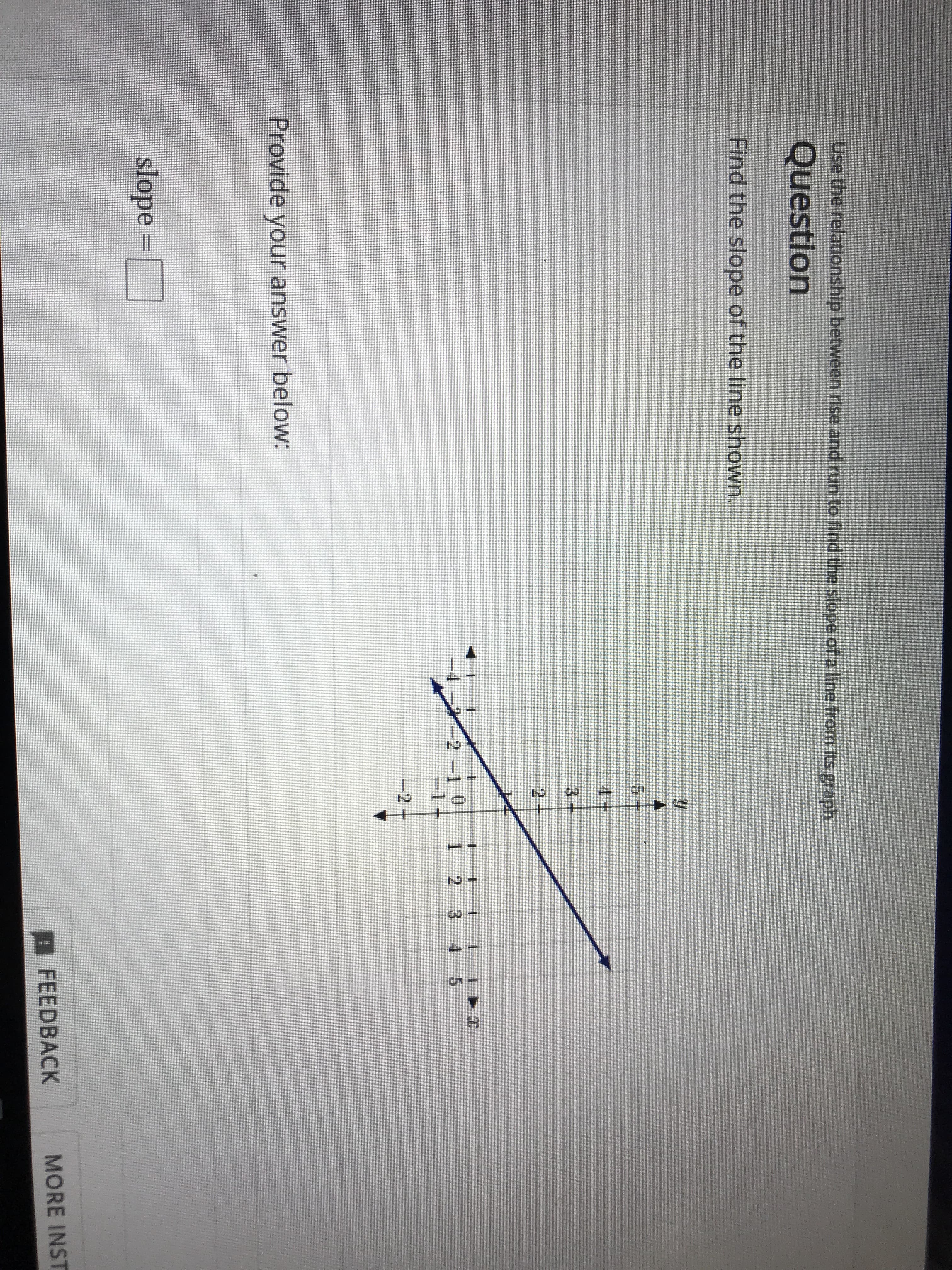 Use the relationship between rise and run to find the slope of a line from its graph
Question
Find the slope of the line shown.
y
5
3
2 -1 0
3
4
5
-2+
Provide your answer below:
slope
FEEDBACK
MORE INST

