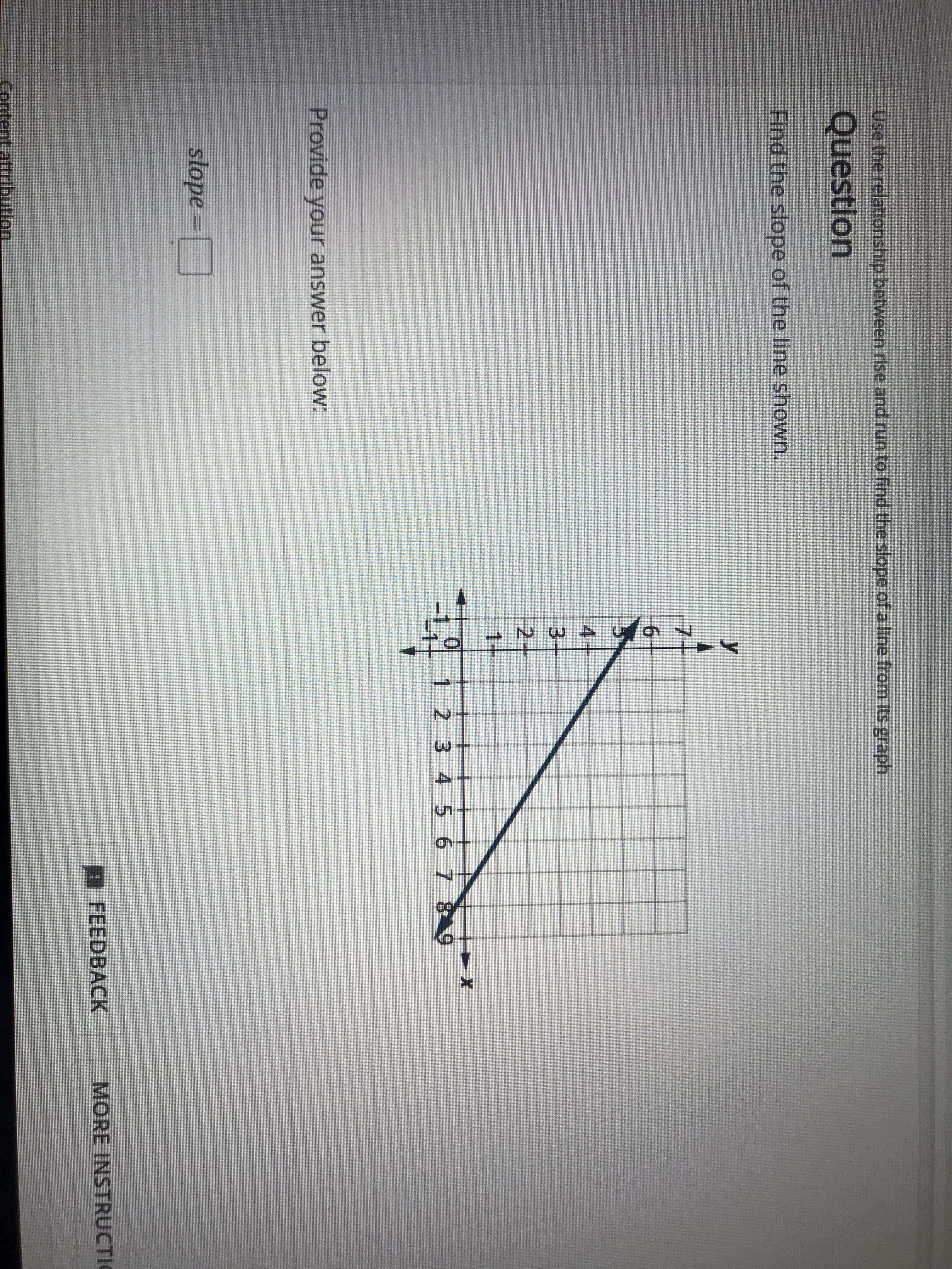 Use the relationship between rlse and run to find the slope of a line from its graph
Question
Find the slope of the line shown.
y
7-
6
4-
3
2+
1+
23 4 56 7
Provide your answer below:
slope
FEEDBACK
MORE INSTRUCTI
Content
ttribution
