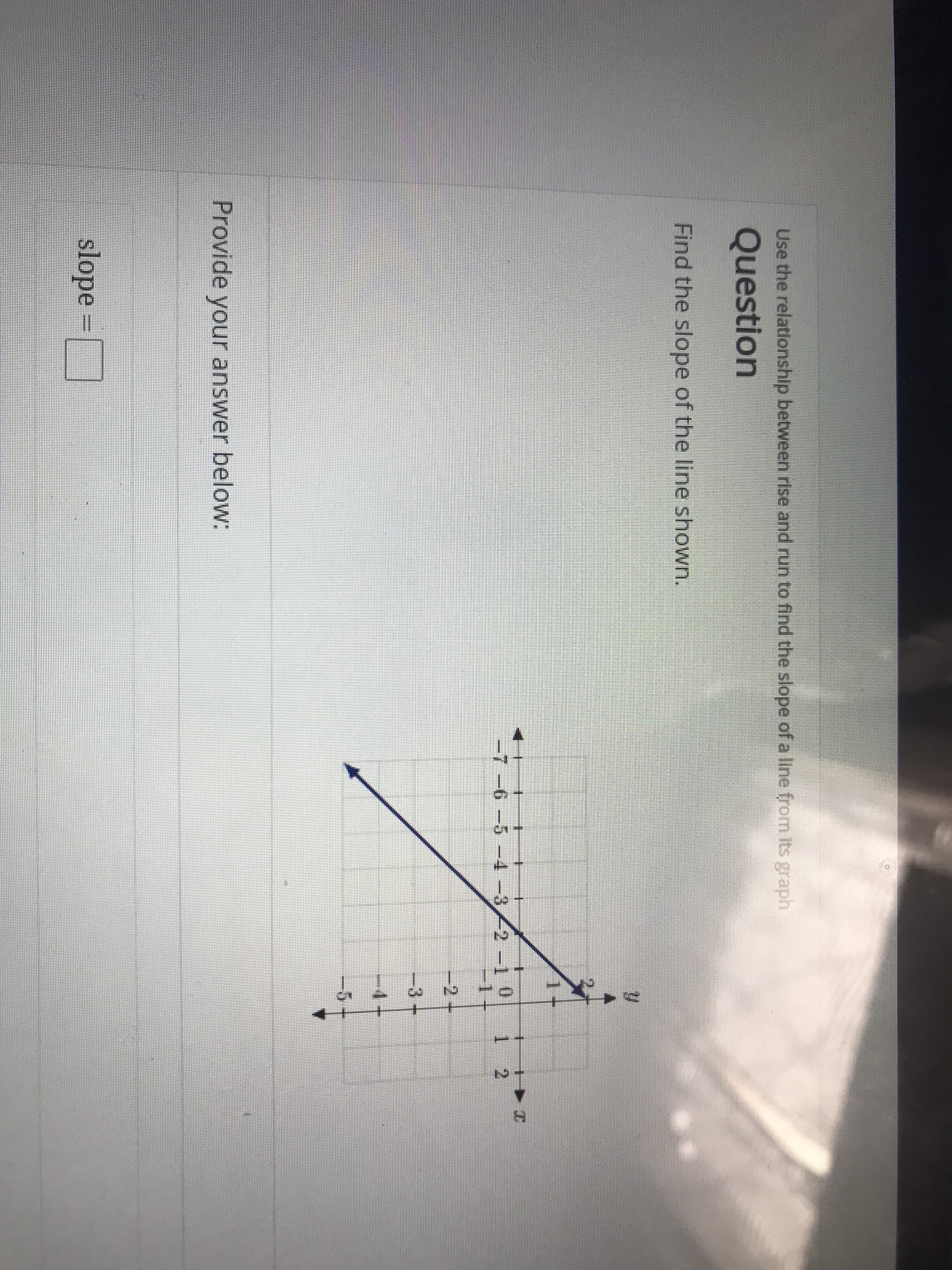 Use the relationship between rise and run to find the slope of a line from Its graph
Question
Find the slope of the line shown.
-7-6-5-4 -32-1 0
2
2
-
3
-5
Provide your answer below:
slope
