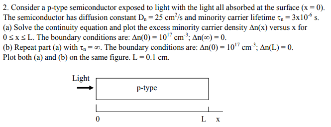2. Consider a p-type semiconductor exposed to light with the light all absorbed at the surface (x = 0).
The semiconductor has diffusion constant D, = 25 cm³/s and minority carrier lifetime t, = 3x10“ s.
(a) Solve the continuity equation and plot the excess minority carrier density An(x) versus x for
0<x<L. The boundary conditions are: An(0) = 107 cm³; An(∞) = 0.
(b) Repeat part (a) with t, = 0. The boundary conditions are: An(0) = 10'7 cm³; An(L) = 0.
Plot both (a) and (b) on the same figure. L = 0.1 cm.
Light
p-type
L X
