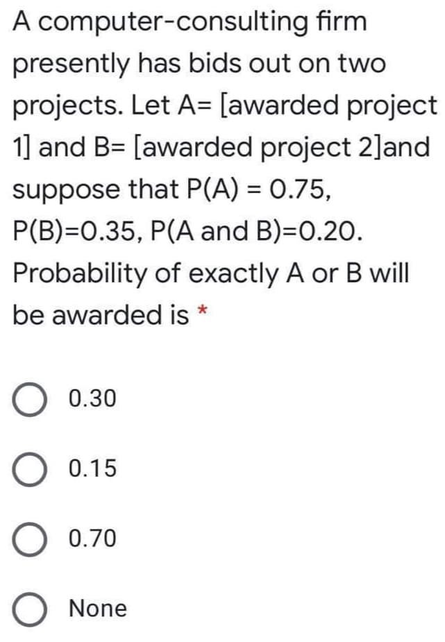A computer-consulting firm
presently has bids out on two
projects. Let A= [awarded project
1] and B= [awarded project 2]and
suppose that P(A) = 0.75,
P(B)=0.35, P(A and B)=D0.20.
Probability of exactly A or B will
be awarded is *
O 0.30
O 0.15
O 0.70
O None
