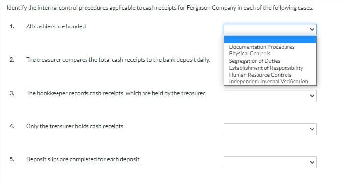 Identify the internal control procedures applicable to cash receipts for Ferguson Company in each of the following cases.
1.
All cashiers are bonded.
Documentation Procedures
Physical Controls
Segregation of Duties
Establishment of Responsibility
Human Resource Controls
2.
The treasurer compares the total cash receipts to the bank deposit daily.
Independent Internal Verification
3.
The bookkeeper records cash receipts, which are held by the treasurer.
4.
Only the treasurer holds cash receipts.
5.
Deposit slips are completed for each deposit.
