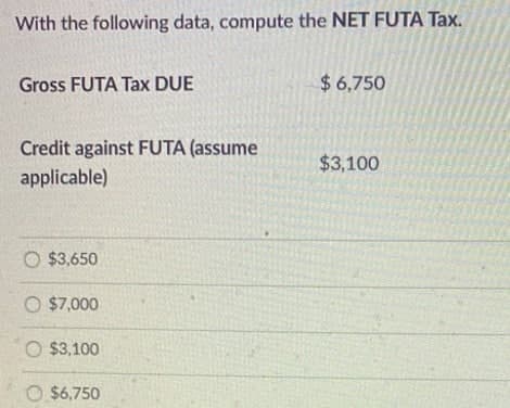 With the following data, compute the NET FUTA Tax.
Gross FUTA Tax DUE
$6,750
Credit against FUTA (assume
applicable)
$3,100
O $3,650
O $7,000
O $3,100
O $6,750
