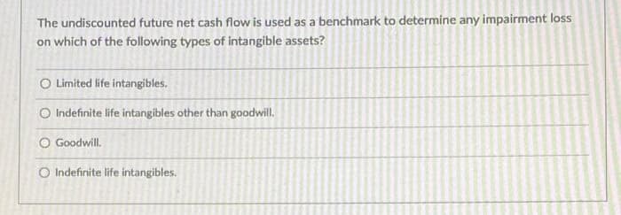 The undiscounted future net cash flow is used as a benchmark to determine any impairment loss
on which of the following types of intangible assets?
O Limited life intangibles.
O Indefinite life intangibles other than goodwill.
O Goodwill.
O Indefinite life intangibles.
