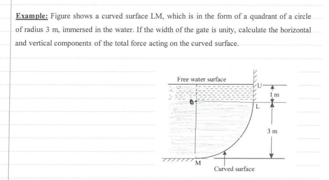 Example: Figure shows a curved surface LM, which is in the form of a quadrant of a circle
of radius 3 m, immersed in the water. If the width of the gate is unity, calculate the horizontal
and vertical components of the total force acting on the curved surface.
Free water surface
L.
3 m
M
Curved surface
