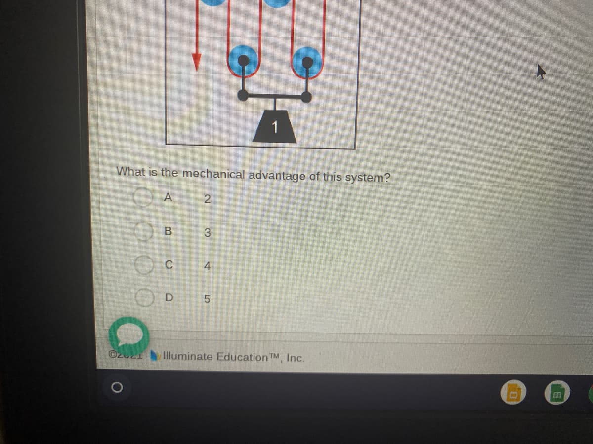 What is the mechanical advantage of this system?
3
4
D
5.
Illuminate Education TM, Inc.
2.
B.
