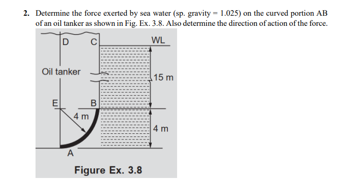 2. Determine the force exerted by sea water (sp. gravity = 1.025) on the curved portion AB
of an oil tanker as shown in Fig. Ex. 3.8. Also determine the direction of action of the force.
WL
Oil tanker
15 m
E
4 m
|4 m
A
Figure Ex. 3.8
