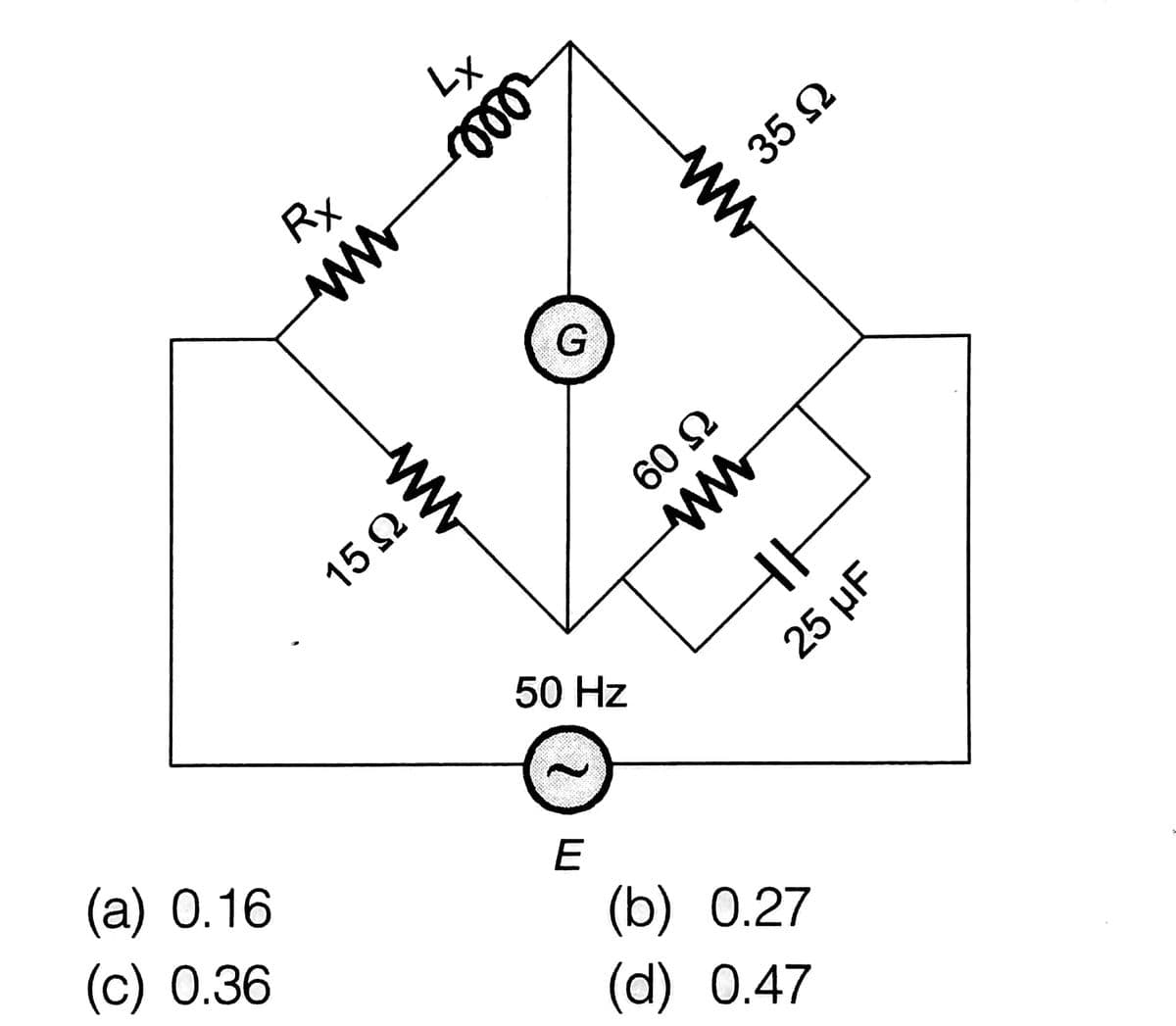 Lx
Rx
ww
35 2
ww
60 2
ww
50 Hz
25 μF
(a) 0.16
(c) 0.36
E
(b) О.27
(d) 0.47
