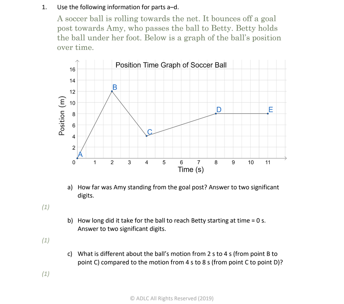1.
Use the following information for parts a-d.
A soccer ball is rolling towards the net. It bounces off a goal
post towards Amy, who passes the ball to Betty. Betty holds
the ball under her foot. Below is a graph of the ball's position
over time.
Position Time Graph of Soccer Ball
16
14
B
12
10
E
6.
4
2
1
2
4
6.
7
9.
10
11
Time (s)
a) How far was Amy standing from the goal post? Answer to two significant
digits.
(1)
b) How long did it take for the ball to reach Betty starting at time = 0 s.
Answer to two significant digits.
(1)
c) What is different about the ball's motion from 2 s to 4 s (from point B to
point C) compared to the motion from 4 s to 8 s (from point C to point D)?
(1)
© ADLC All Rights Reserved (2019)
Position (m)
5
