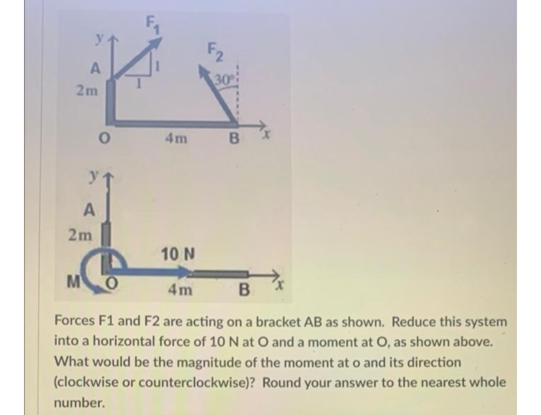 F2
30
2m
4m
y 1
2m
10 N
M
4m
Forces F1 and F2 are acting on a bracket AB as shown. Reduce this system
into a horizontal force of 10 N at O and a moment at O, as shown above.
What would be the magnitude of the moment at o and its direction
(clockwise or counterclockwise)? Round your answer to the nearest whole
number.
